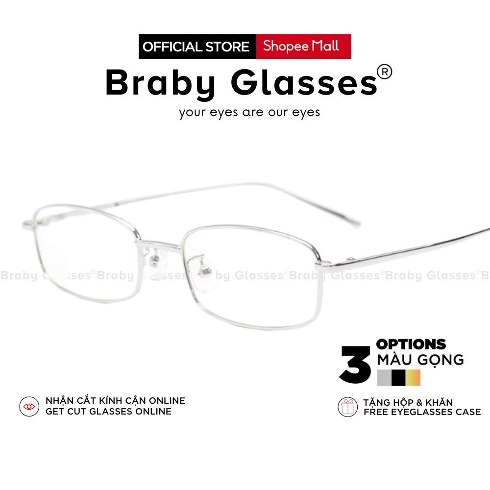 Gọng Kính Cận Dẻo vuông Nam Nữ Braby Glasses Chất Liệu Thép Không Rỉ Gọng Mảnh Siêu Nhẹ Thiết Kế sang Trọng MK109
