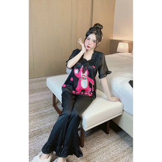  Đồ bộ- Đồ ngủ mặc nhà nữ- Pijama lụa xước ánh kim tay ngắn quần dài cổ vuông tiểu thư hoạ tiết