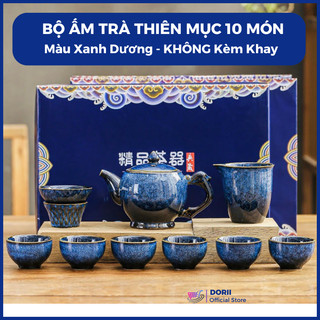(HÀNG LOẠI 1) Bộ Ấm Chén Pha Trà Thiên Mục Không Kèm Khay Men Hỏa Biến, Bộ Pha Trà Đạo Cổ Điển, Bộ Ấm Trà 10 Món