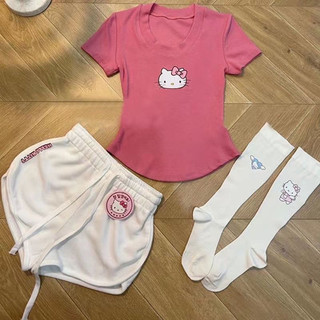 Set đồ dành cho nữ Dễ Thương Mèo HelloKitty Cotton Ngắn Tay Quần Short Nữ Ở Nhà Thường Ngày Phù Hợp Với Mùa Hè