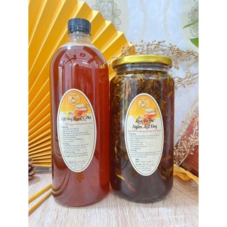 Combo 2 món gồm 1 lít hoa đu đủ đực ngâm mật ong rừng và 1 lít mật ong hoa cà phê