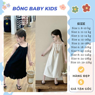 Đầm 2 dây xuông, váy maxi 2 màu đen trắng hở lưng đi biển chất vải đũi mềm cho bé gái 8-35kg, set V3