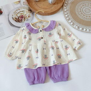 Bộ dài tay xô Muslin dáng cổ sen bèo cho bé gái Hannakids