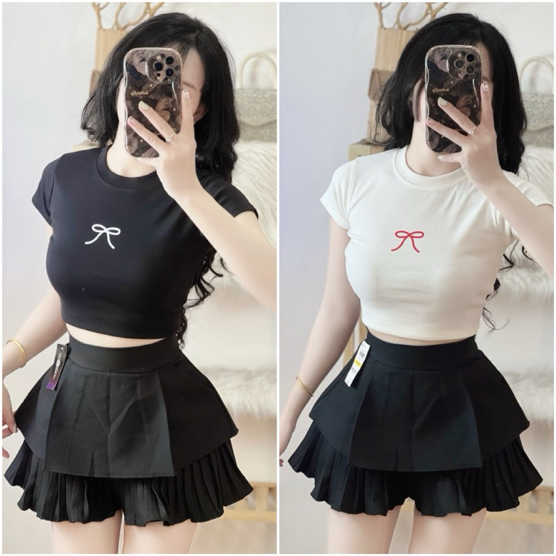 ÁO CROPTOP DÁN NƠ VÀ CHÂN VÁY XỊN CRPE/V999