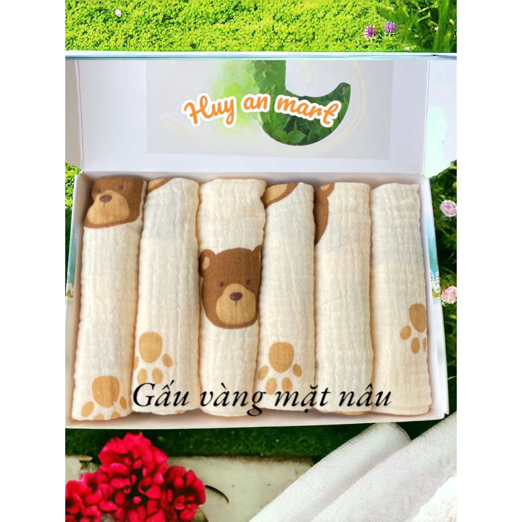 Khăn sữa xô nhăn Mipbi 2 lớp cao cấp Mipbi hộp 6 cái KT 30x30cm, khăn sữa musilin cho bé nhiều họa t