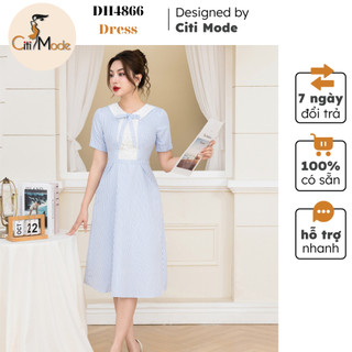 Đầm công sở CITI MODE FASHION thiết kế dáng xoè kẻ xanh phối ren cổ bẻ DH4866