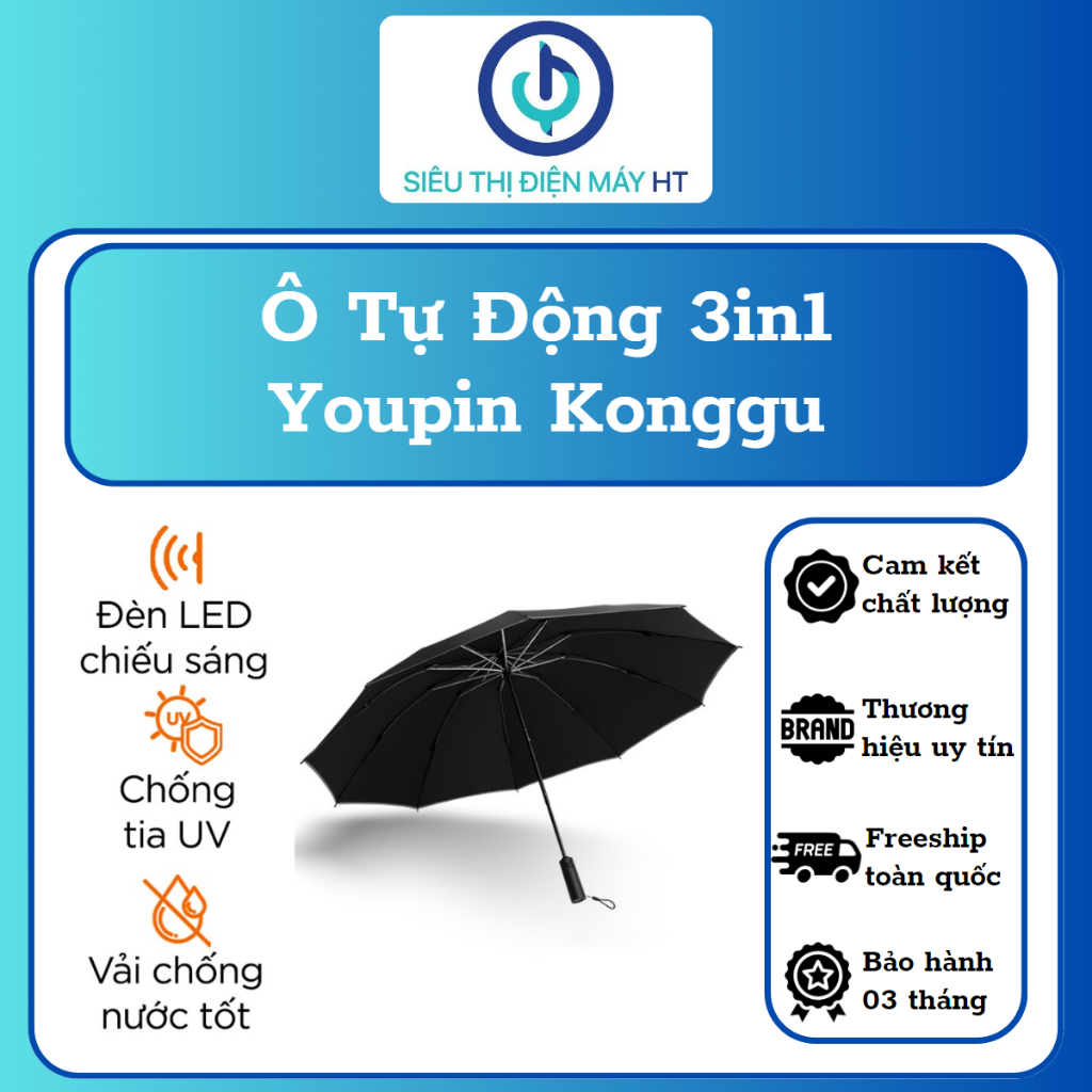 Ô Dù Tự Động Konggu 3 in 1 – Tích hợp chiếu sáng, Chống tia UV 98%