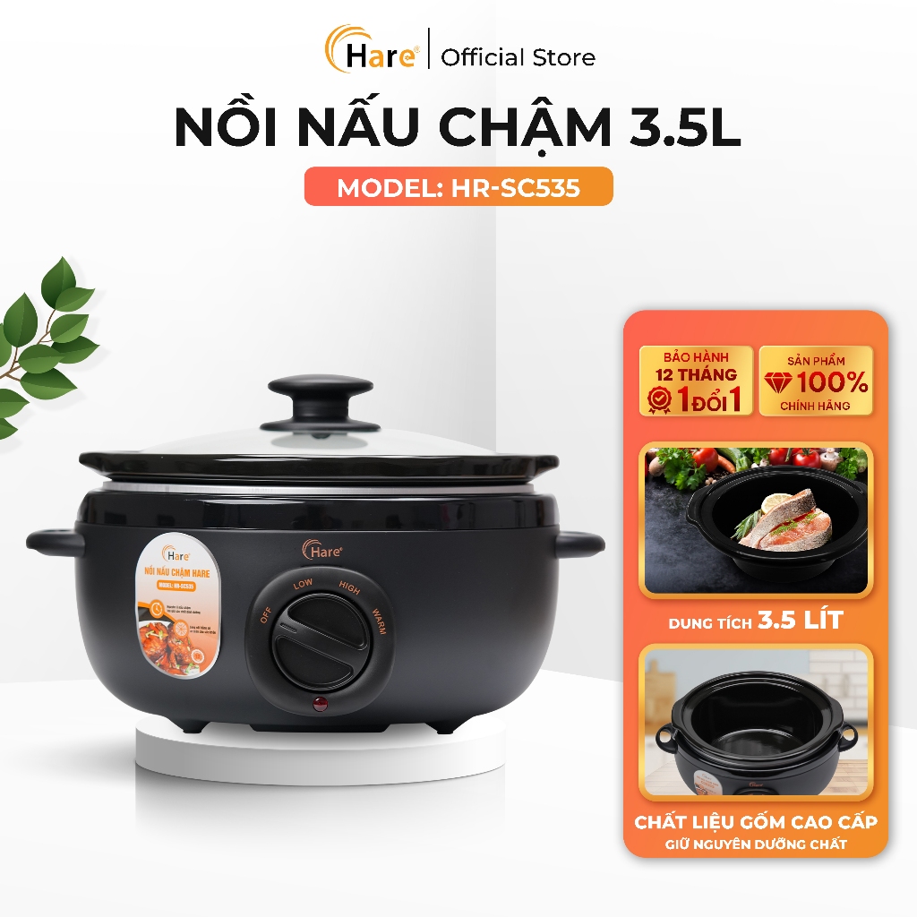 Nồi nấu chậm Hare 3.5L HR-SC535 Nấu Cháo, Hầm, Hấp giữ trọn dưỡng chất- Bảo hành 12 tháng