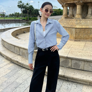 Sơ mi tay dài dáng vừa sọc xám kẻ trắng THEKAT.SHOP chất vải bamboo thoáng mịn mát mẻ mùa hè, thấm hút và khử mùi tốt