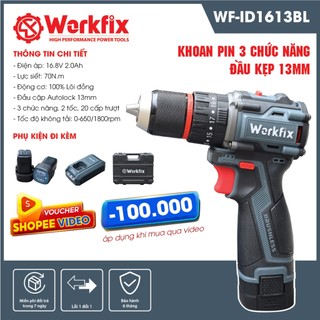 Máy khoan pin bắt vít Workfix 13mm, lõi đồng 1613BL, không chổi than, có búa, pin 4cell Plus bảo hành chính hãng
