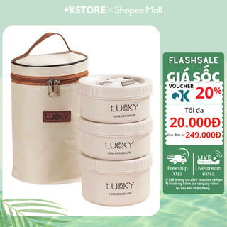 Hộp đựng cơm giữ nhiệt Lucky , Hộp cơm văn phòng cách nhiệt 3 tầng không han gỉ, tặng kèm túi ( Chính Hãng )