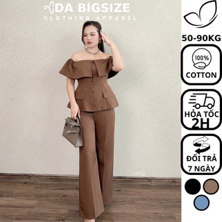 Dabigsize - Set Đồ Nữ Bigsize , Set Áo Bẹt Vai Kèm Quần Ống Suông Chất Cotton Mềm Mại Dành Cho Người Mập 50-90kg