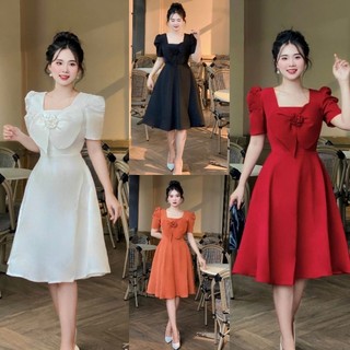 Đầm Xòe thiết kế cổ vuông bông ngực- tko tặng hoa tai