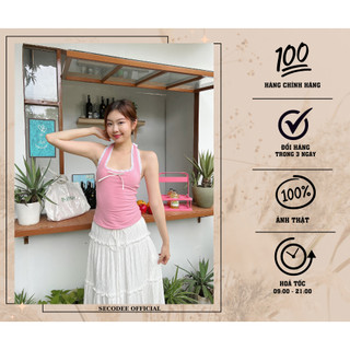 Áo cổ yếm phối ren dễ thương, áo cổ yếm nơ phối viền ren phong cách mùa hè | folded top | secodee