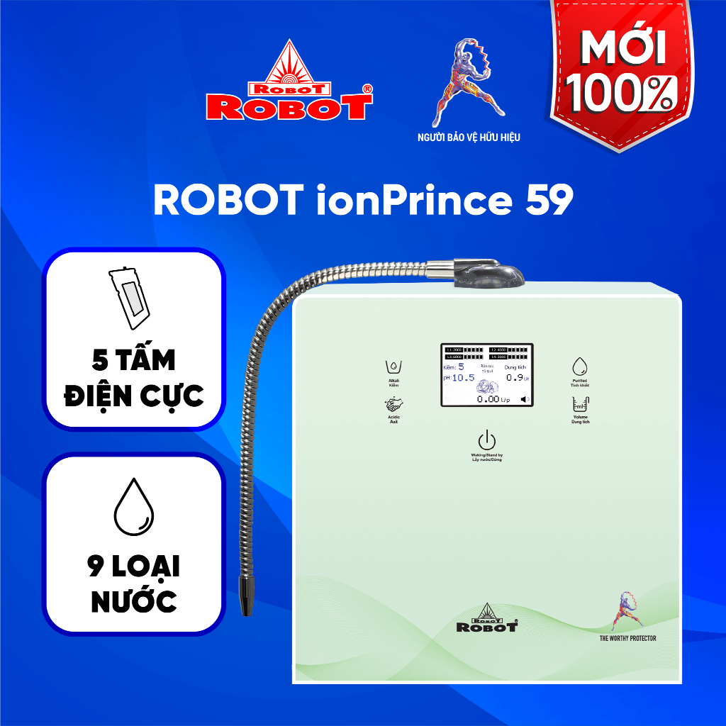 [MIỄN PHÍ LẮP ĐẶT TOÀN QUỐC] Máy Lọc Nước Điện Giải Ion Kiềm ROBOT IonPrince 59 Có 5 Tấm Điện Cực Tạo 9 Loại Nước