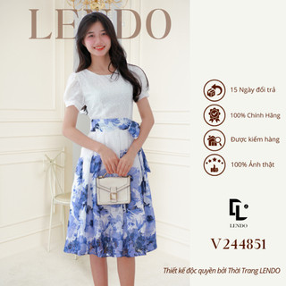 Đầm Váy Công Sở LENDO V244851 Cổ Tròn Tay Ngắn Chân Váy Phối Hoa Xanh Thắt Đai