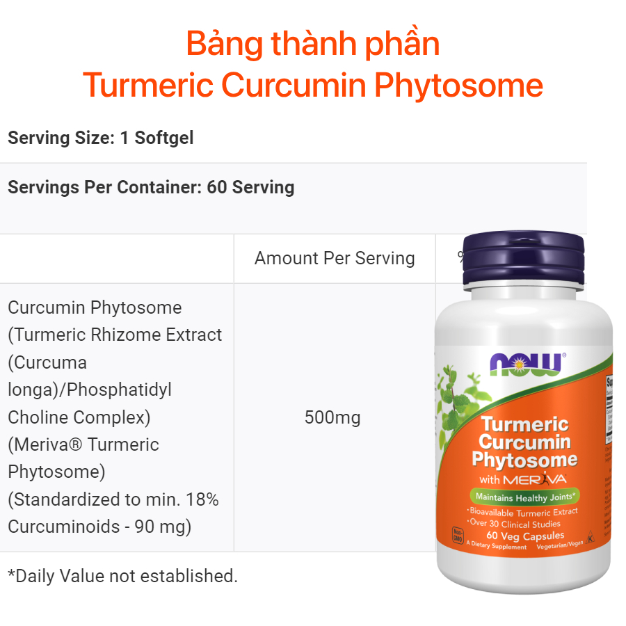 Viên tinh chất nghệ Turmeric Curcumin Phytosome With Meriva Now (60 viên) giảm đau dạ dày, viêm khớp