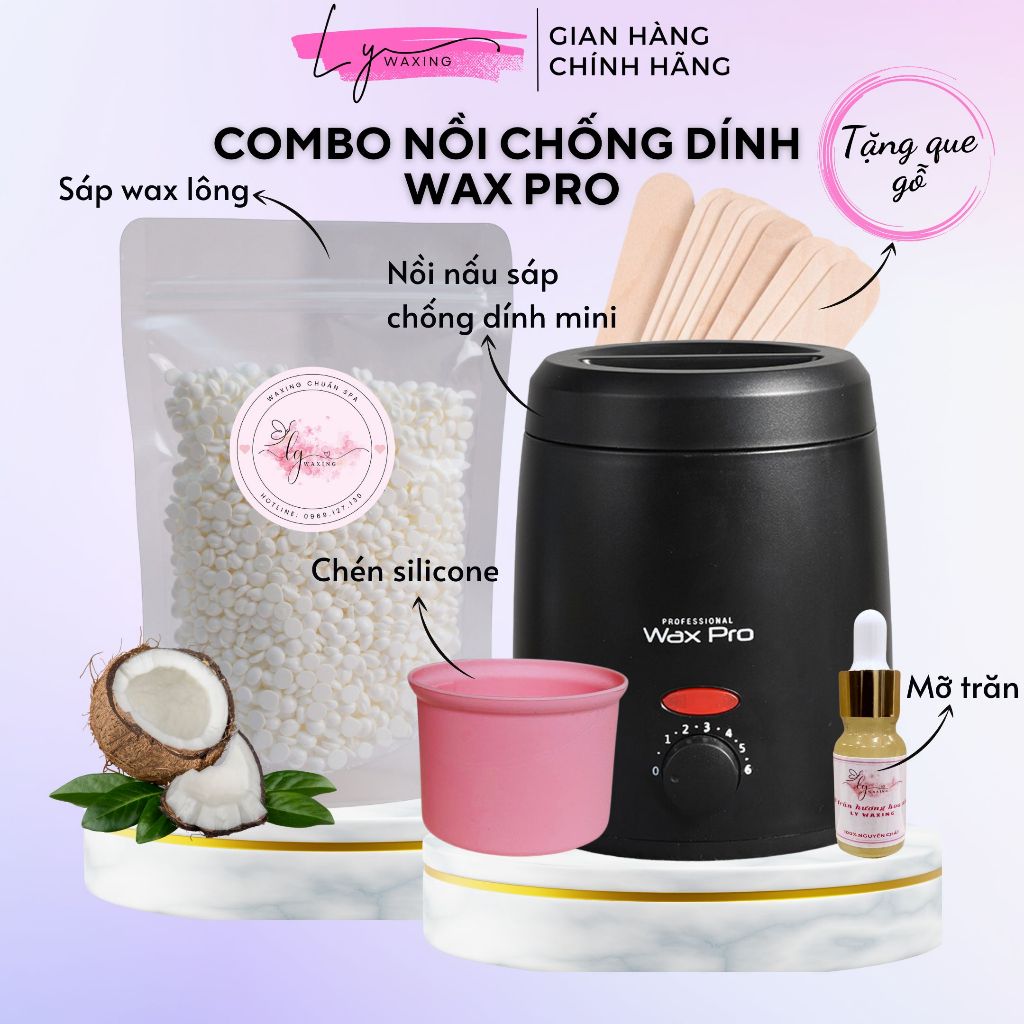 COMBO Nồi Nấu Sáp Wax Lông chống dính mini+Sáp Wax Triệt lông LY WAXING+Chén+Mỡ Trăn tặng que wax