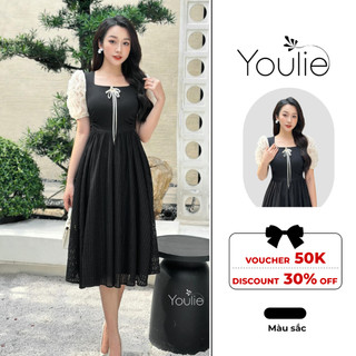 Đầm nữ dáng dài ren cotton hàn phối thân xleo, tay ren lưới sóng họa tiết 3D sang chảnh Youlie NV1098