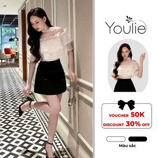 Áo nữ trễ vai bánh bèo mix quần giả chân váy chữ A tôn dáng, sang trọng Youlie