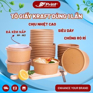 Tô Giấy, Bát Giấy Kraft Nâu 750ml & 1000ml Dùng 1 Lần Đựng Thức Ăn, Bún, Phở, Cơm, Có Kèm Nắp Mờ Và Trong Suốt