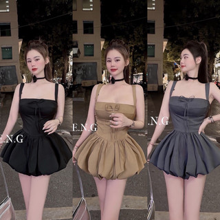 Đầm hai dây đính nơ dáng ngắn bí phồng kèm quần 3 màu