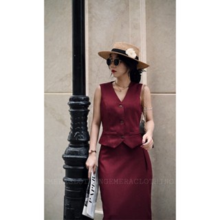 Set áo gile chân váy thiết kế Amelia Đỏ Đô váy dài Midi xẻ sau lưng áo croptop thắt eo tôn dángEmera