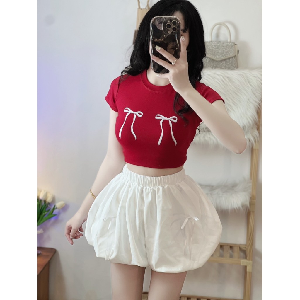 Áo croptop tay ngắn in họa tiết 2 nơ cực xinh , chất thun bozip dày dặn