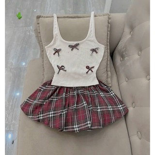 Sét bộ áo 2 dây đính 5 nơ màu caro phối chân váy caro dáng ngắn xòe cực hot
