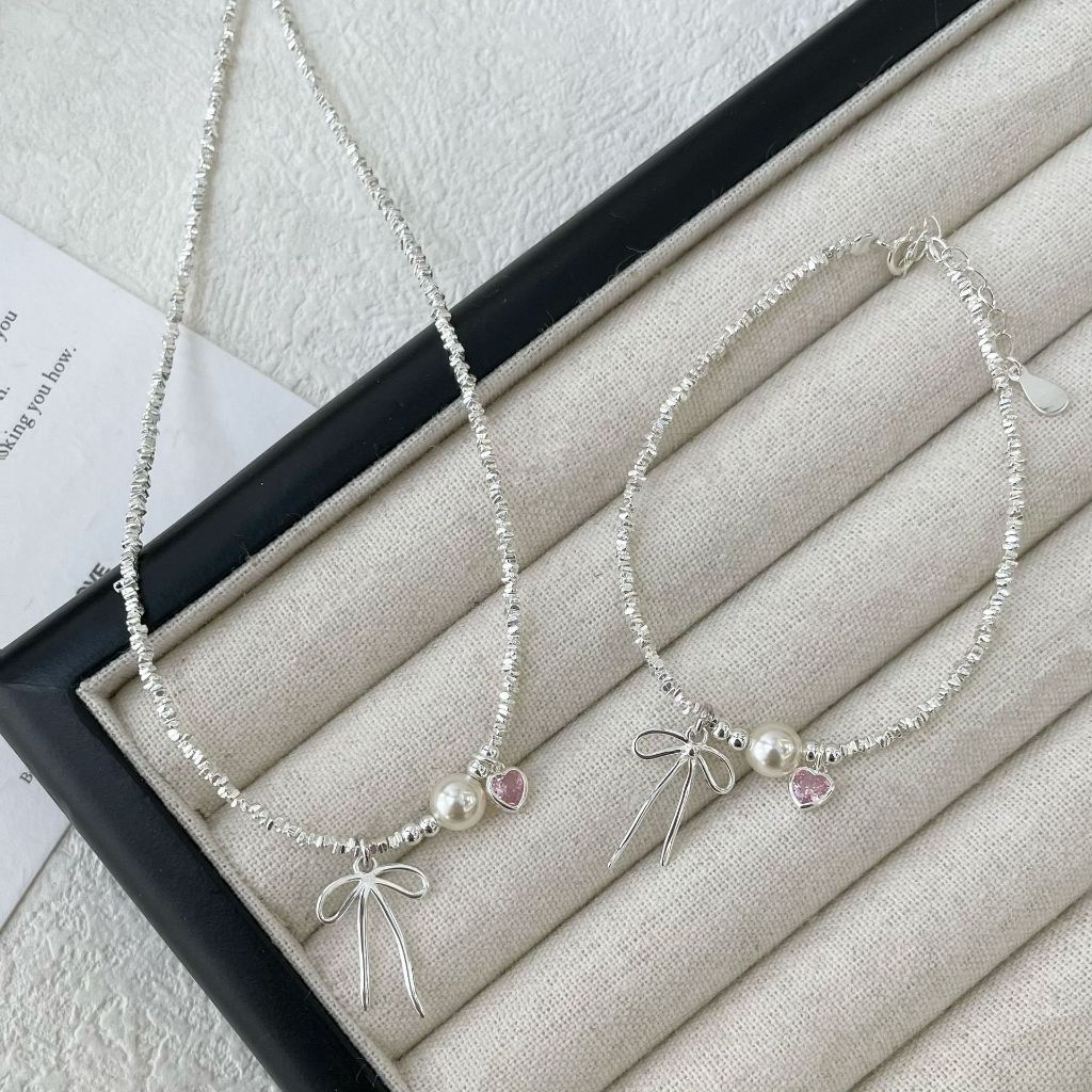  Set dây chuyền lắc tay bạc s925 khối hạt tam giác mix hạt trai trái tim hồng và nơ Cá Jewelry 