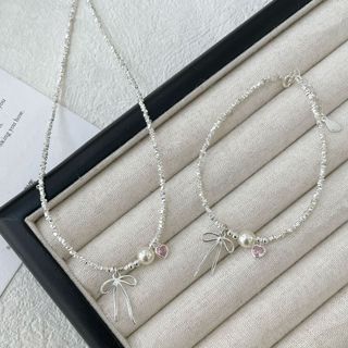  Set dây chuyền lắc tay bạc s925 khối hạt tam giác mix hạt trai trái tim hồng và nơ Cá Jewelry 