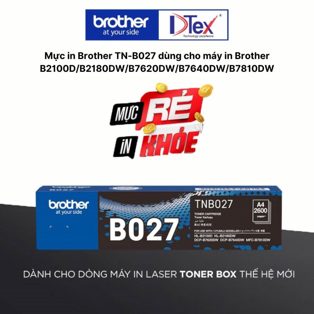 Mực in trắng đen Brother TN-B027 dành cho các dòng máy HL-B2100D, HL-B2180DW, DCP-B7620DW, DCP-B7640