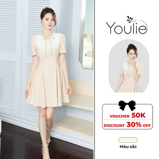Váy đi làm đi chơi màu be hồng, đầm nữ thiết kế Youlie NV1008 mặc dự tiệc đi du lịch, dạo phố