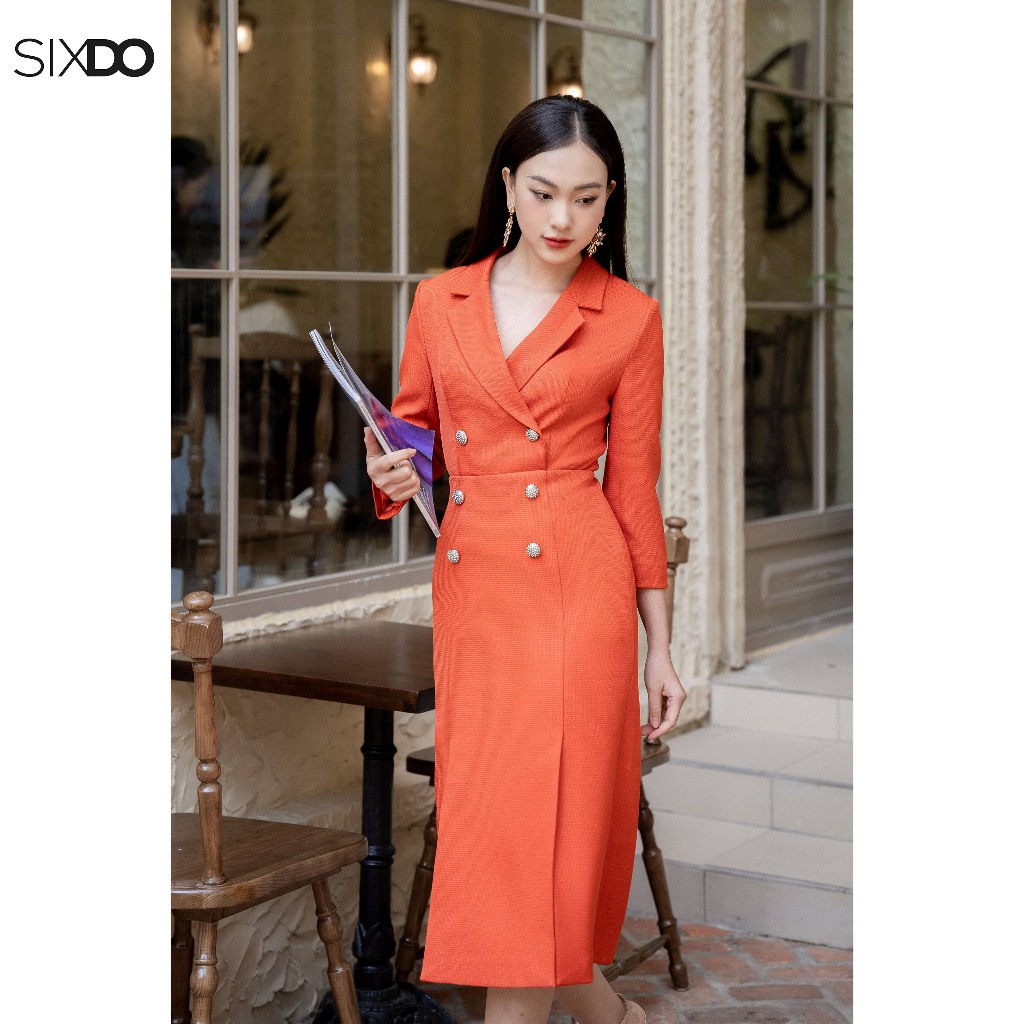 Đầm thô cổ vest phối cúc SIXDO (Midi Raw Dress)