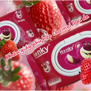 Khăn giấy ướt Hanky gấu dâu thiết kế nhỏ gọn, bịch 60 tờ dai an toàn dịu nhẹ cho mọi loại da
