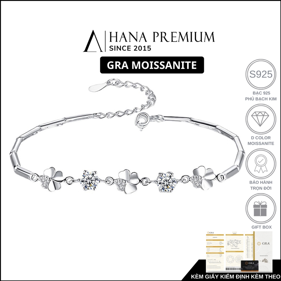  Lắc Tay Bạc 925 Đá Moissanite Round 5MM Phối Cỏ 4 Lá Đính Đá Nữ Tính Phủ Bạch Kim Không Đen Không Mờ 1733 