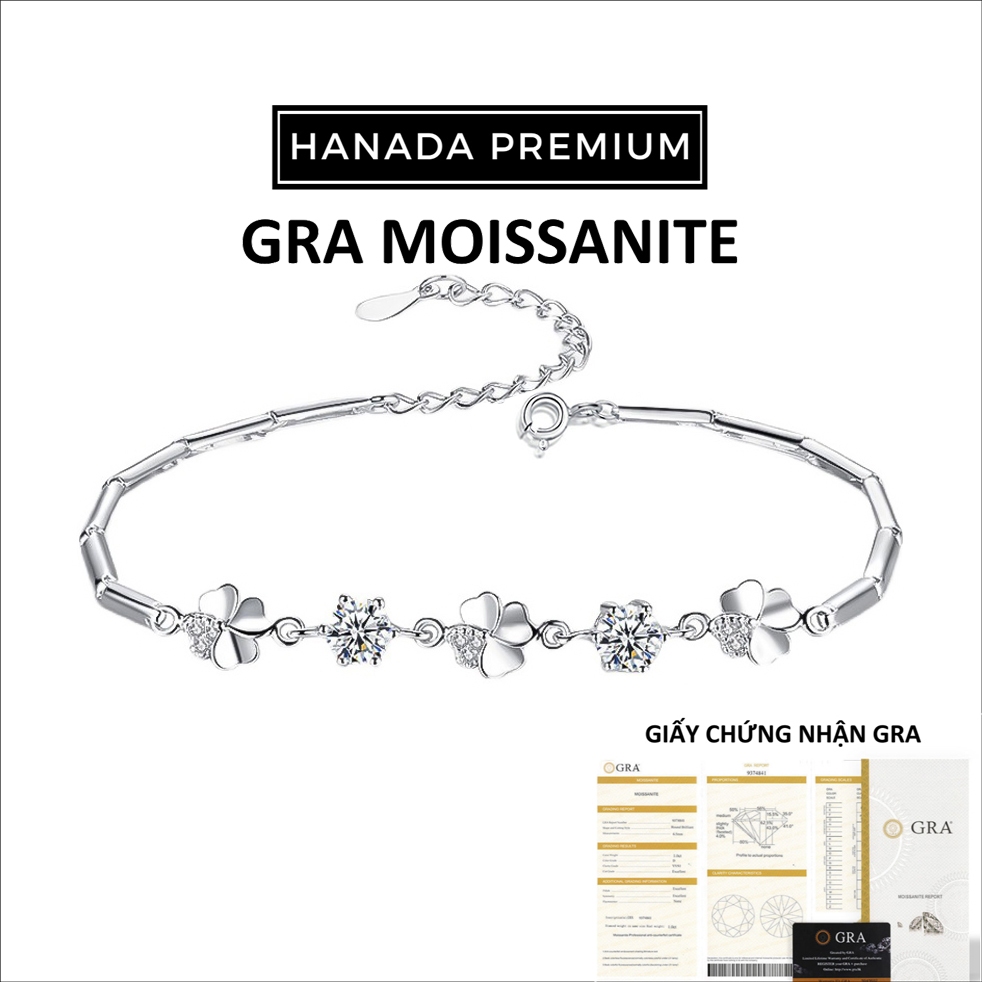 Lắc Tay HANADA Đá Moissanite Round 5MM Phối Cỏ Bốn Lá Đính Đá Bạc 925 Phủ Bạch Kim Không Đen Không Mờ 1733 G4