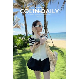 [COLIN CLOTHING] Áo thun len nữ sọc vai tay ngắn cổ bẻ