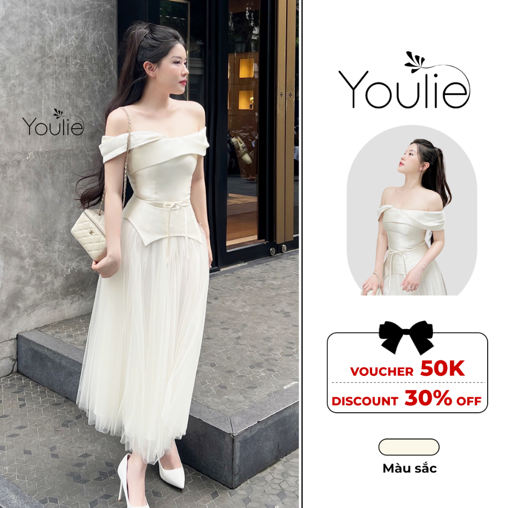 Váy be 2 dây trễ vai sang chảnh mặc đi chơi, dạo phố, tiệc cùng, Đầm thiết kế xòe dài hở vai Youlie 1026