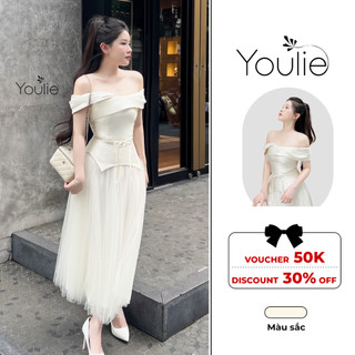 Váy be 2 dây trễ vai sang chảnh mặc đi chơi, dạo phố, tiệc cùng, Đầm thiết kế xòe dài hở vai Youlie 1026
