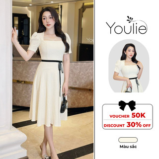 Đầm váy dự tiệc sang trọng cổ vuông, váy tiểu thư sang trọng tay bồng mix dây nơ eo ôm body váy xòe Youlie NV1099