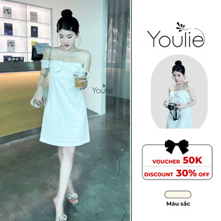 Váy be 2 dây nơ nơ ngực mặc đi chơi, dạo phố, tiệc cùng, Đầm thiết kế ngắn hở vai Youlie 1024