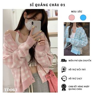  Áo cadigan dáng vừa cổ tròn kẻ ô caro 2 màu xanh hồng ngọt ngào thời trang thu đông cho nữ hàng QC-TD063 