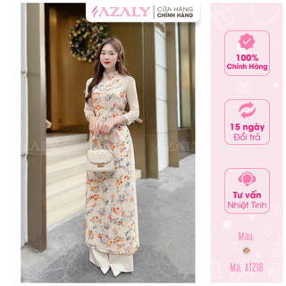 Áo dài hoa nhí kỳ hoa AZALY lụa tằm ép 4 tà truyền thống chụp hình dự tiệc cưới lễ tết đẹp - AT218