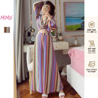 Set thổ cẩm áo đắp chéo kèm quần dài xẻ tà mimix cg2240