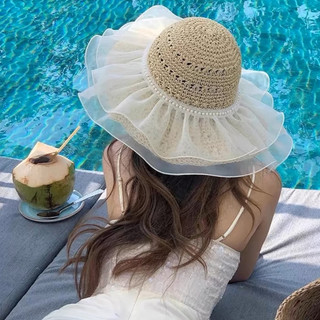 Mũ cói mềm vành rộng phối voan nhún tiểu thư