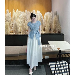 Set đồ nữ áo lụa xanh cột dây eo kèm chân váy tuyết mưa phù hợp đi làm đi chơi D415