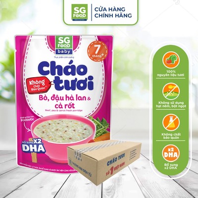Thùng 30 gói Cháo Tươi Baby Ăn Liền SG Food Bò, Đậu Hà Lan & Cà Rốt 240g