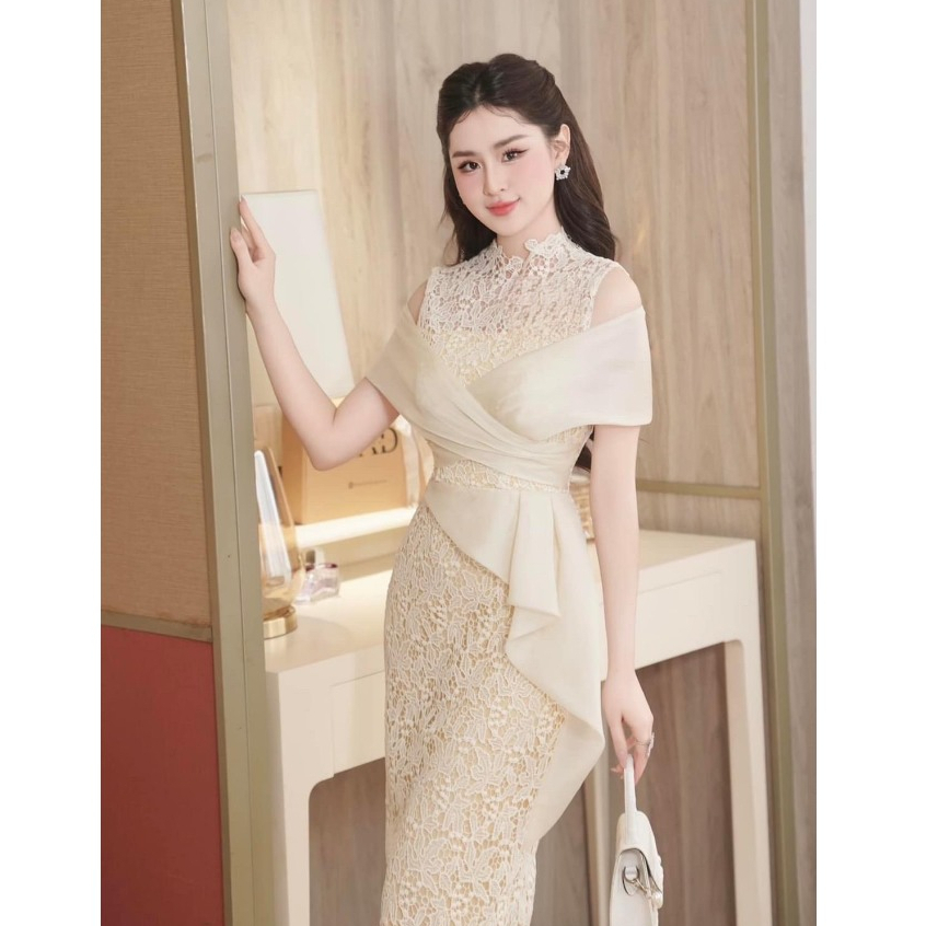Váy Đầm Nữ Dự Tiệc Dáng Dài Chất Ren Hoa Ôm Body Thiết Kế Hoa Tay Dây Rút Cực Sang Chảnh Thanh Lịch Và Quý Phái