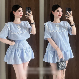 Set kẻ xanh phối ren mix cv xoè